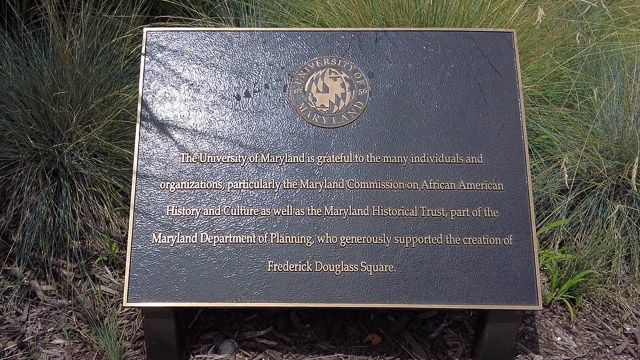 Frederick Douglass Square plaque in Hornbake Plaza